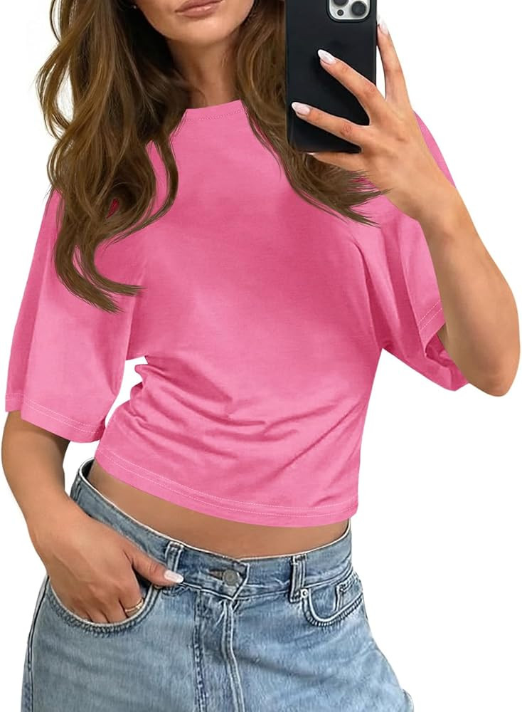 Tankaneo Womens Summer Short Sleeve Crop Tops Waisted Going Out Trendy Casual Loose Fit Basic Tee... | Amazon (US)