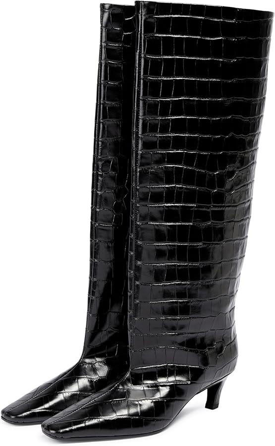 iadore Women's Western Knight Boots, Vegan Leather Crocodile Printed Square Toe Kitten Heel Wide ... | Amazon (US)