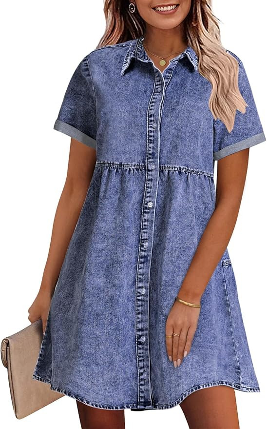 GRAPENT Denim Dress for Women Babydoll Tiered Short Sleeve Button Down Jean Shirt Dresses | Amazon (US)