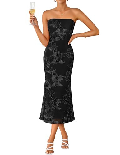ZESICA Cocktail Wedding Guest Dresses for Women 2026 Summer Strapless Floral Bodycon Mesh Tube Formal Party Midi Dress Dim Medium | Amazon (US)