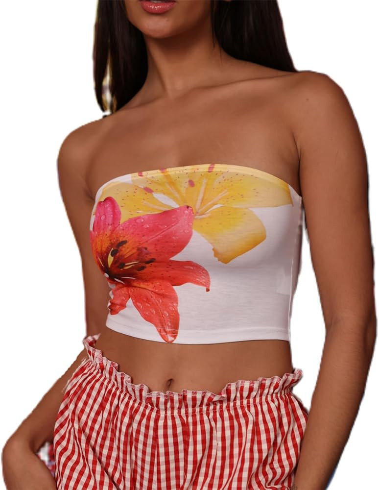 Women Floral Print Tube Top Y2k Aesthetic Backless Bandeau Top Slim Fit Crop Tank Cute Summer Goi... | Amazon (US)