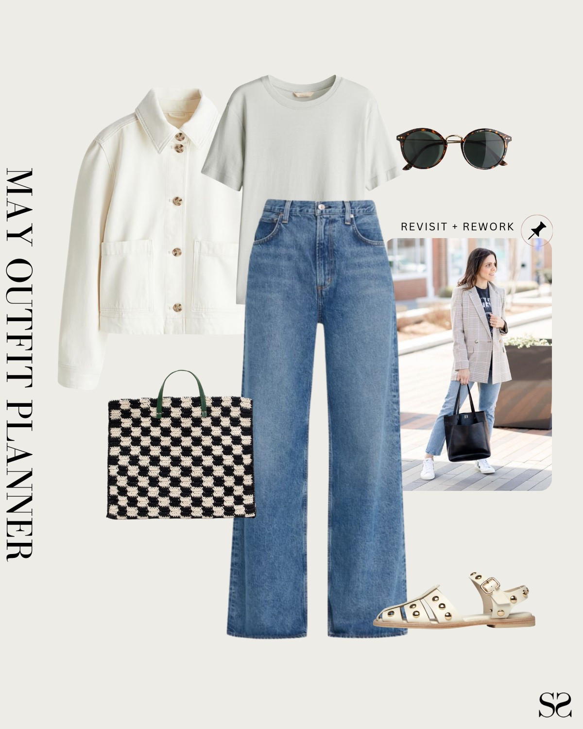 Monthly outfit planner MAY: Spring looks, revisit + rework outfit inspo | wide leg jean, neutral tee, cropped white jacket, fisherman sandals, check print tote

#casualoutfit #springoutfit 


#LTKStyleTip