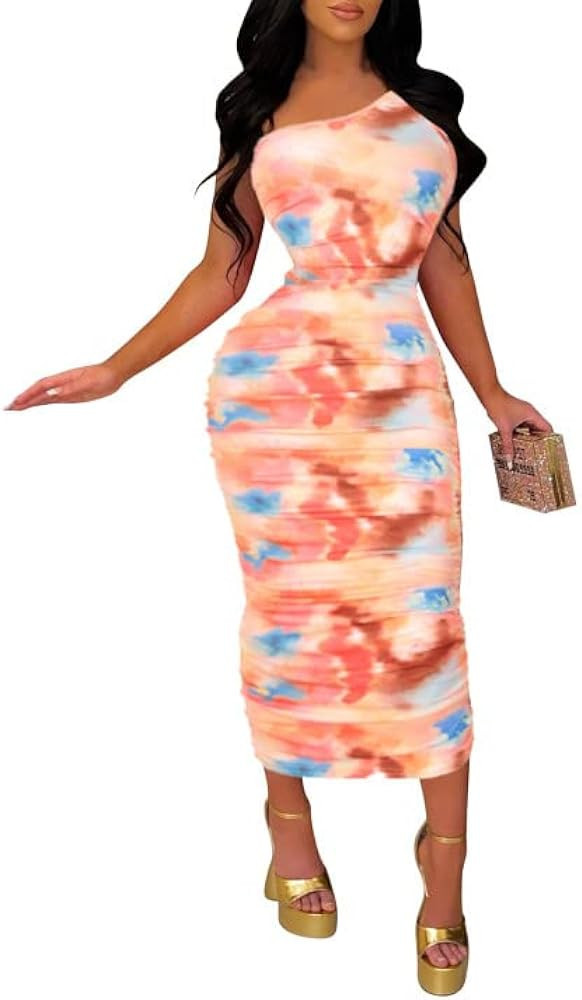 GEMEIQ Women's Sexy Summer One Shoulder Bodycon Ruched Tie-Dye Print Cocktail Party Maxi Dress | Amazon (US)