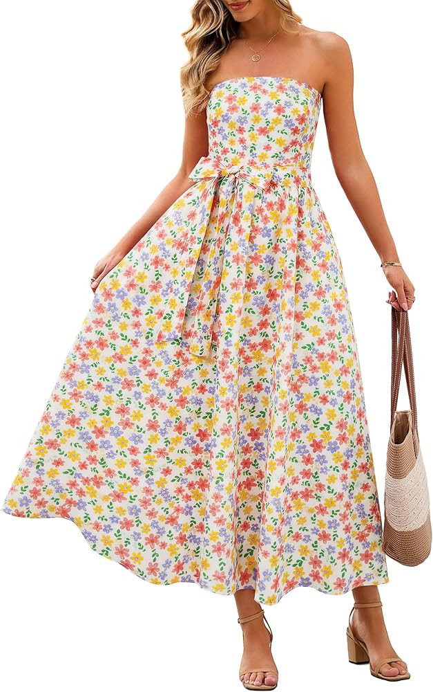 MEROKEETY Women's Summer Floral Maxi Dresses 2026 Strapless Tube Smocked Tie Boho Beach Wedding G... | Amazon (US)