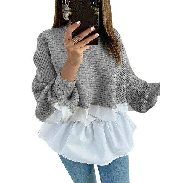 Julycc Womens Autumn Long Sleeve Knitted Sweater Patchwork Jumper Pullover Tops - Walmart.com | Walmart (US)