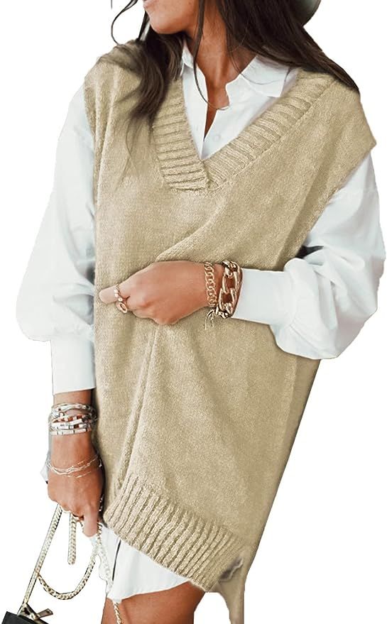 HOTAPEI Oversized Sweater Vest for Women V Neck Sleeveless Apricot Knit Sweaters Fall Solid Color... | Amazon (US)