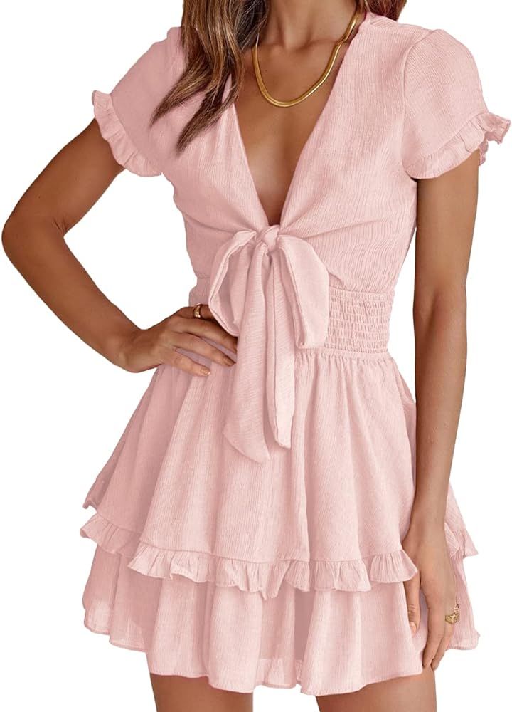 PRETTYGARDEN Women's Summer Swing Mini Dress Tie Front V Neck Short Sleeve Ruffle Layer A-Line Short | Amazon (US)