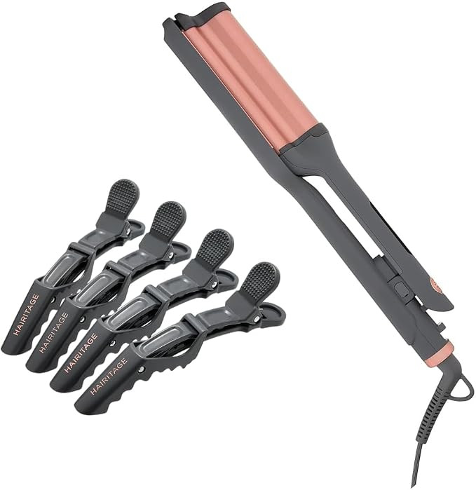 Hairitage 1 Catch The Wave Deep Curling & Crimping Iron + 4PC Out of My Way Alligator Hair Clips ... | Amazon (US)