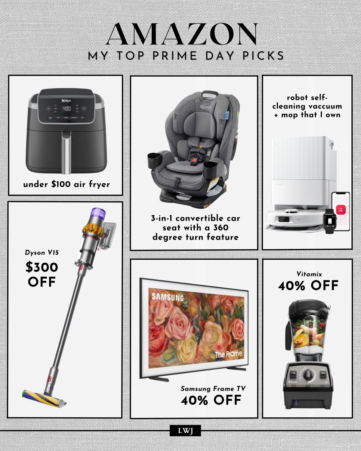 My top prime day picks! 

Ninja air fryer 
Graco 3-in-1 car seat 
Roborock self vacuum + mop 
Dyson v15 — $300 off! 
Samsung frame tv 
Vitamin blender 

Home essentials / cleaning supplies / baby / Amazon 

#LTKSaleAlert