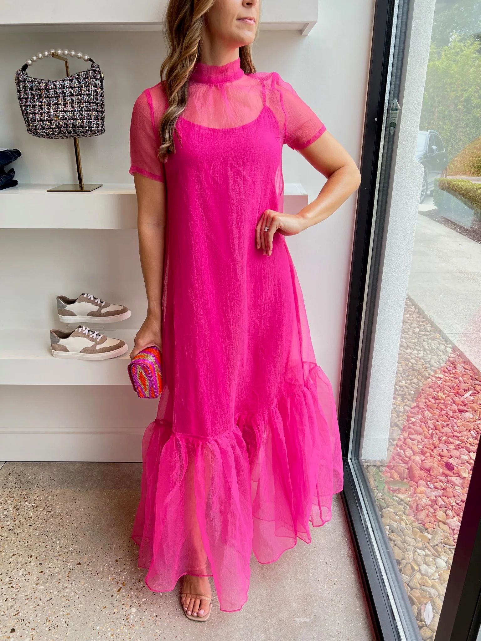 Pink Organza Mock Bow Maxi Dress | Amor lafayette
