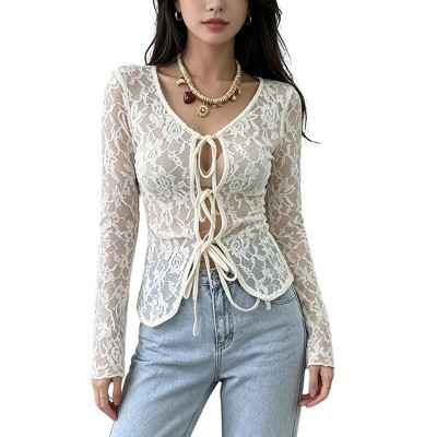 Women's Lace-Up Sheer Lace Cardigan Long Sleeve Hollow Floral Mesh Slim Fit Semi-Sheer Bodycon Casual Shirt Beige M | Target