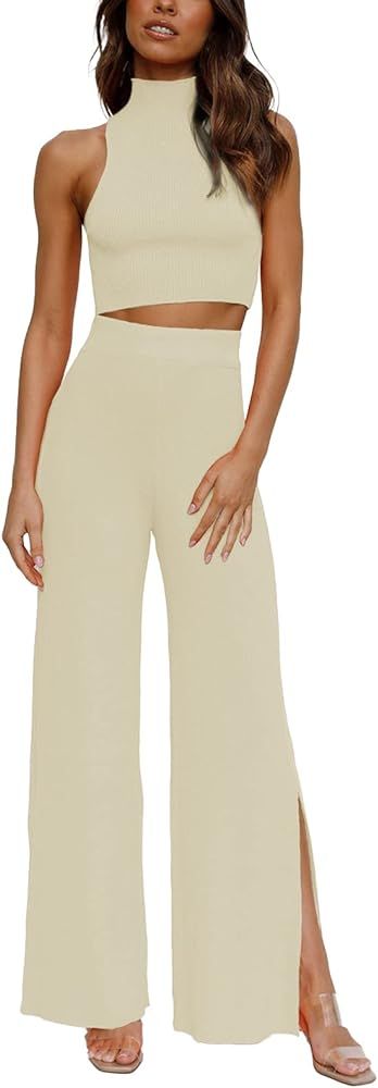 ARTFREE Womens 2 Piece Outfits Sets Casual Sweatsuits Streetwear, Ribbed Knit Palazzo Wide Leg Pa... | Amazon (US)