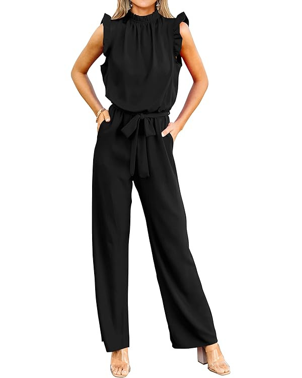 KIRUNDO Jumpsuits For Women Summer Dressy One Piece Sleeveless Ruffle Mock Neck Belt Pockets Form... | Amazon (US)