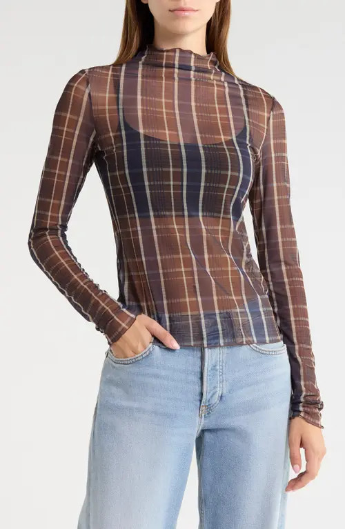 Favorite Daughter The Sheer Fantasy Mock Neck Top in Toffee Plaid at Nordstrom, Size Large | Nordstrom