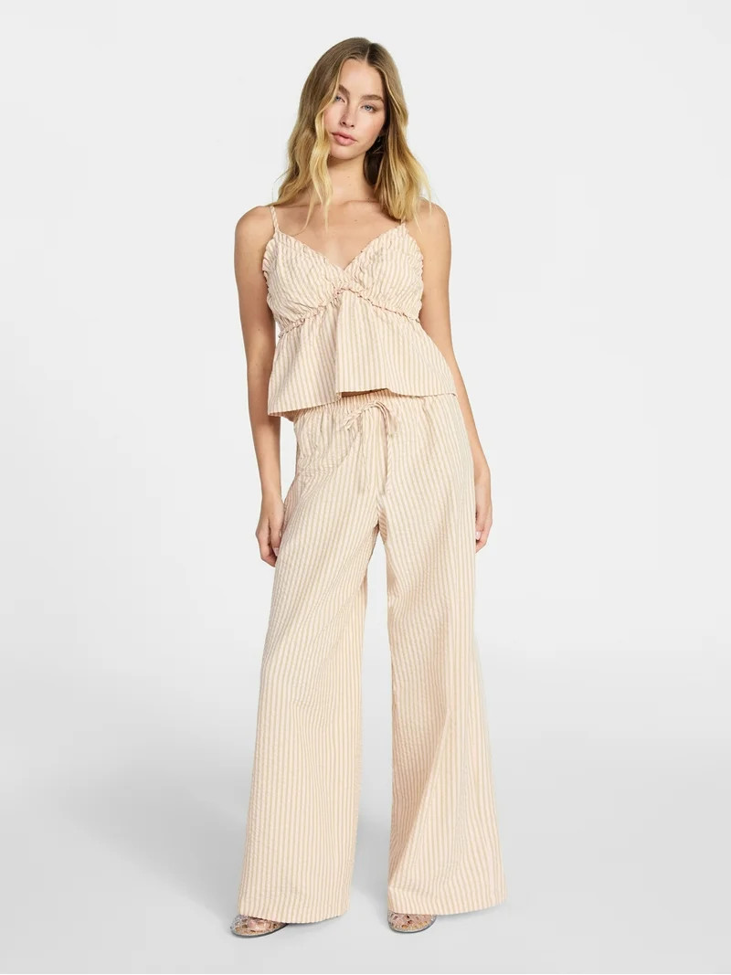 No Boundaries Striped Seersucker Ruffle Cami and Drawstring Pants Set, 2-Piece, Women's XXS-XXL | Walmart (US)