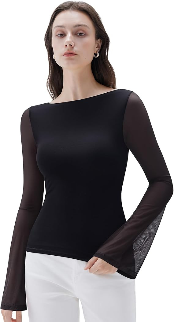 SUUKSESS Women Mesh Sheer Bell Sleeve Tops Double Lined Boat Neck Going Out Shirts | Amazon (US)