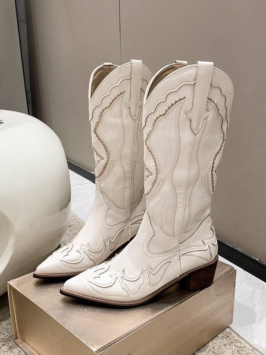 Women's Vintage Western Boots With Embroidery, Fashionable For Outerwear Cowboy Boots | SHEIN