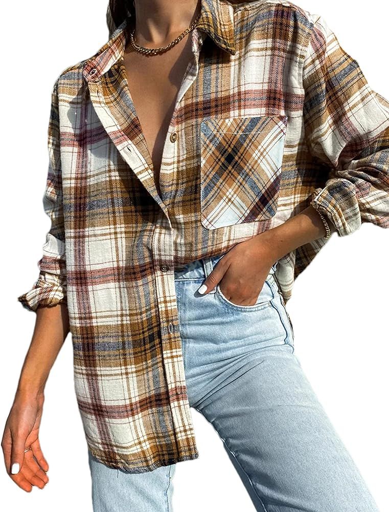 Megfie Oversized Womens Flannel Plaid Soft Flannel Button Down Shirt Roll Up Long Sleeve Flannel ... | Amazon (US)