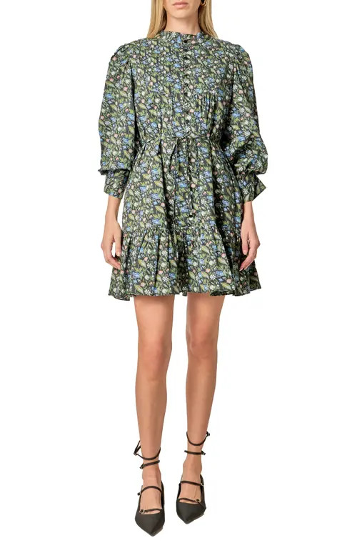 English Factory Mock Neck Cotton Button-Up Minidress in Black Multi at Nordstrom, Size Medium | Nordstrom