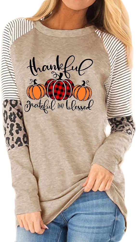 Thankful Grateful Blessed Shirts Women Plaid Pumpkin Thanksgiving T-Shirt Leopard Stripe Color Bl... | Amazon (US)