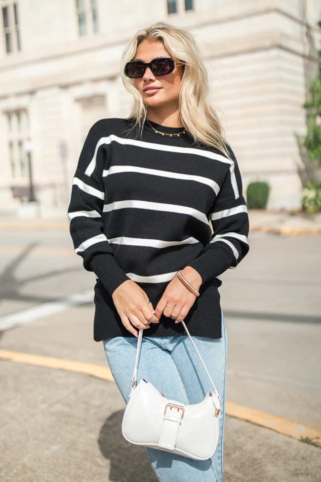Crushing On You Black And Ivory Striped Crew Neck Sweater | Pink Lily