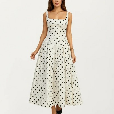 Anna-Kaci Women's Polka Dot Midi Dress with Square Neckline Wide Straps Fitted Bodice Pleated A Line Skirt Silhouette - Small, White | Target