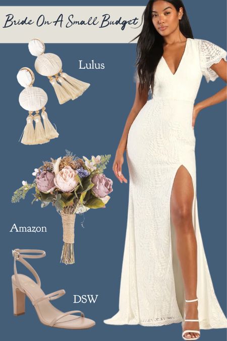 Bridal wedding day look for brides on a small budget.

#whitedress #sandals #tasselearrings #fauxflowers #flowerbouquet

#LTKSeasonal #LTKwedding #LTKstyletip