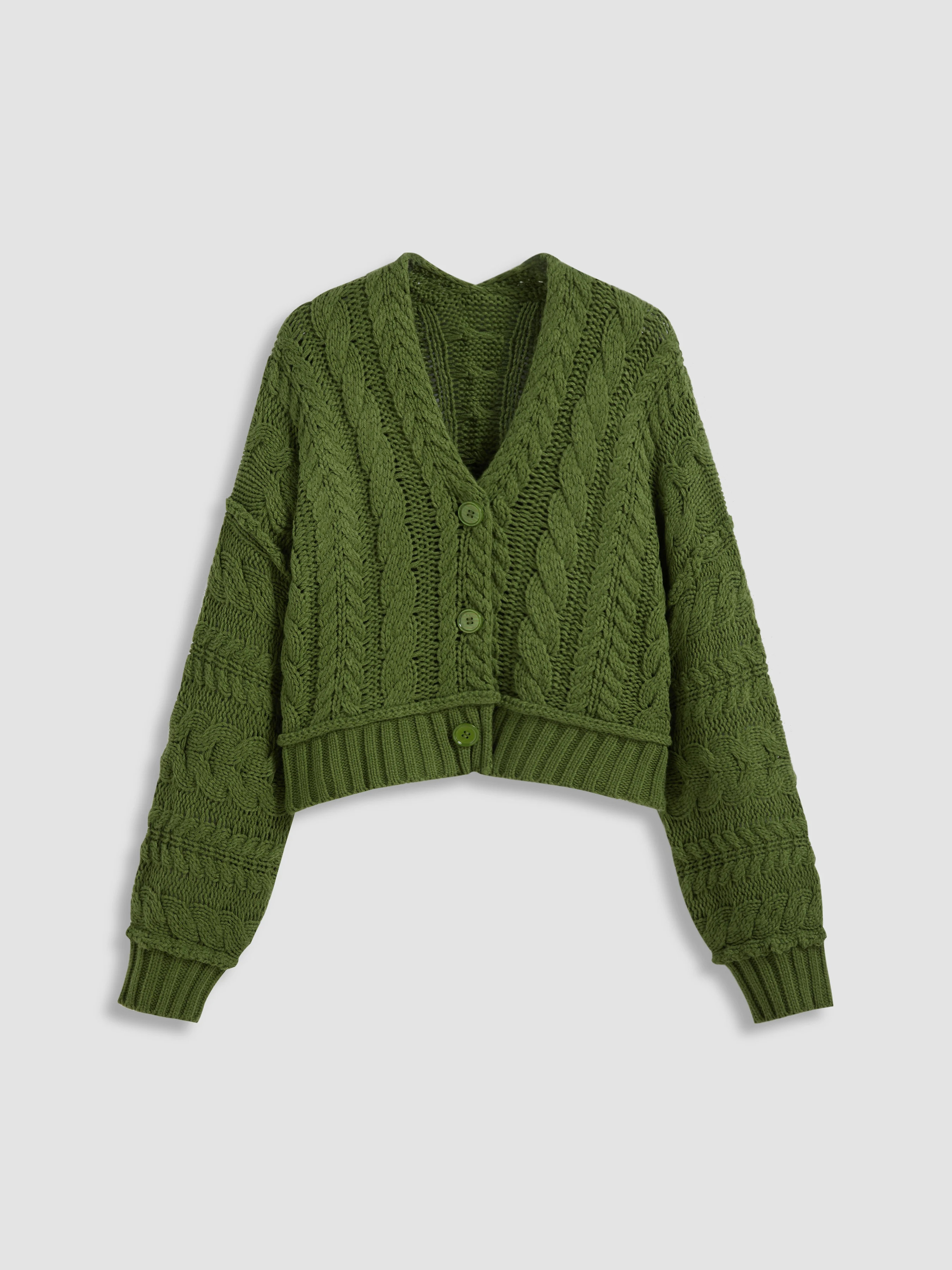 Knit Fabric Cable Knit V-neck Solid Button Cardigan For Coffee Shop Outdoor Vacation | Cider