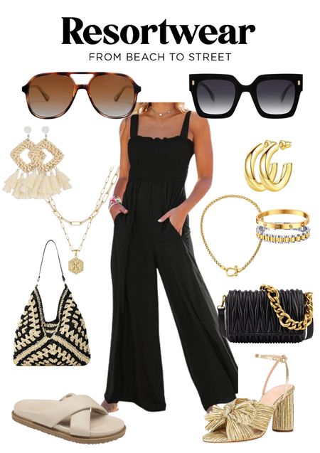 Spring break outfit that’s not only comfortable but also affordable. This resort wear will take you from date tonight with just a change of accessories. Oversized sunglasses, black jumpsuit perfect for summer, woven tote bag, black matelasse bag with chunky gold chain, and sandals. Casual to cocktails. #resortwear #summer #springbreak #founditonamazon #amazon #vacation #beach 

#LTKover40 #LTKfindsunder100 #LTKfindsunder50