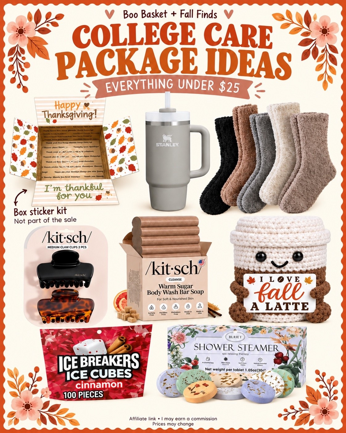 College Care Package

All of these are currently on Amazon Prime sale now! 

Cozy college care package finds for fall! ☕️🤎 A Stanley tumbler, neutral fuzzy socks, claw clips and Warm Sugar body wash bar, shower steamers, cinnamon gum, and a crochet “I love fall a latte” gift.

Add the Thanksgiving box sticker kit for a thoughtful finishing touch! 

#CollegeCarePackage #FallCarePackage #ThanksgivingGiftIdeas #CozyGifts #CarePackageIdeas

fall college care package, Thanksgiving gift ideas, Stanley tumbler, neutral fuzzy socks, self-care gift basket, shower steamers, claw clips, warm sugar soap, crochet coffee cup, coffee lover gifts, thankful for you gifts, boo box, boo basket