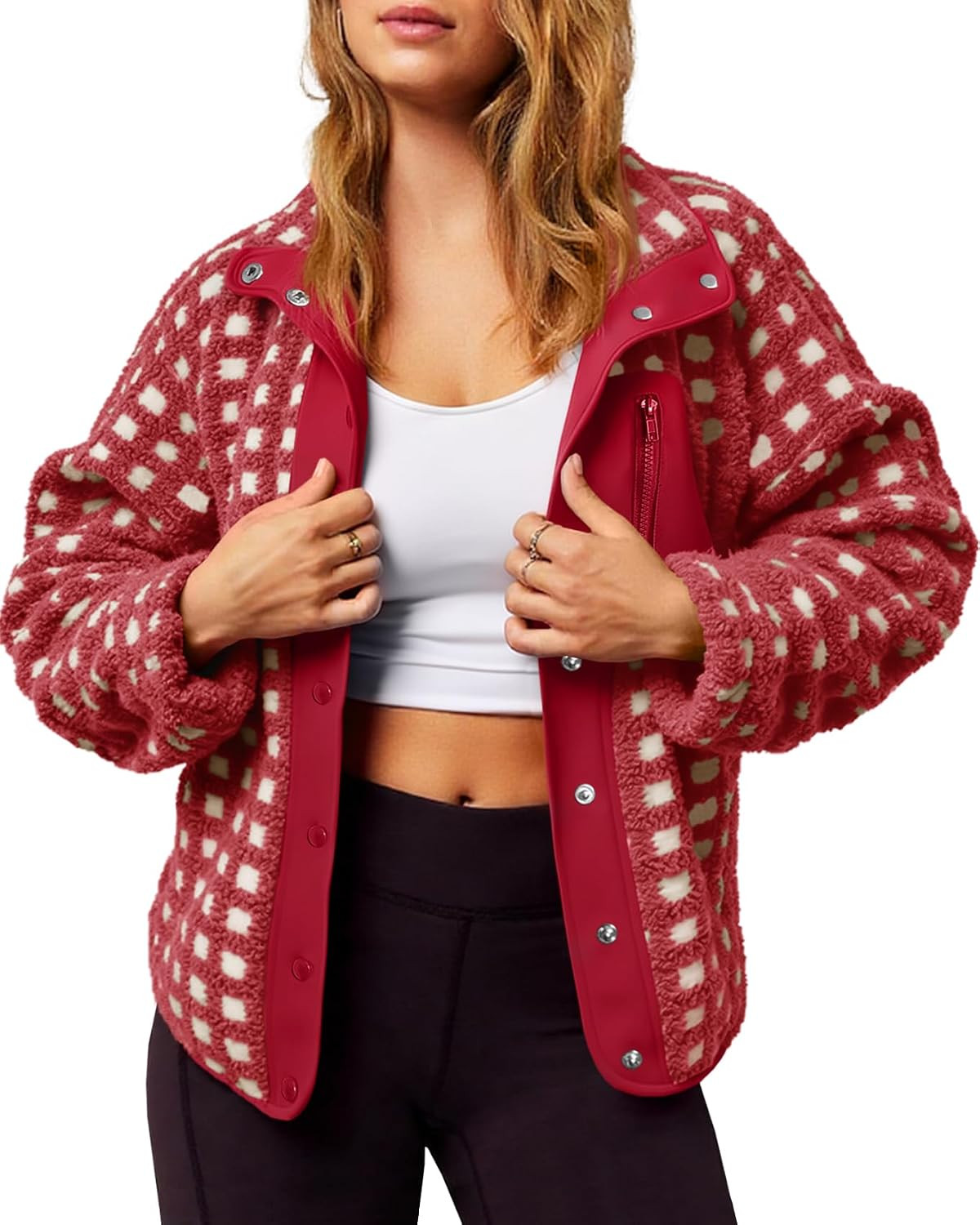 Tankaneo Women Fleece Sherpa Jacket Fuzzy Checkered Button Down Winter Coat | Amazon (US)