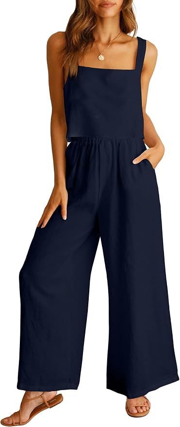 ANRABESS Women's 2 Piece Outfits Linen Pants Jumpsuit Matching Lounge Set Casual Summer Beach Vac... | Amazon (US)