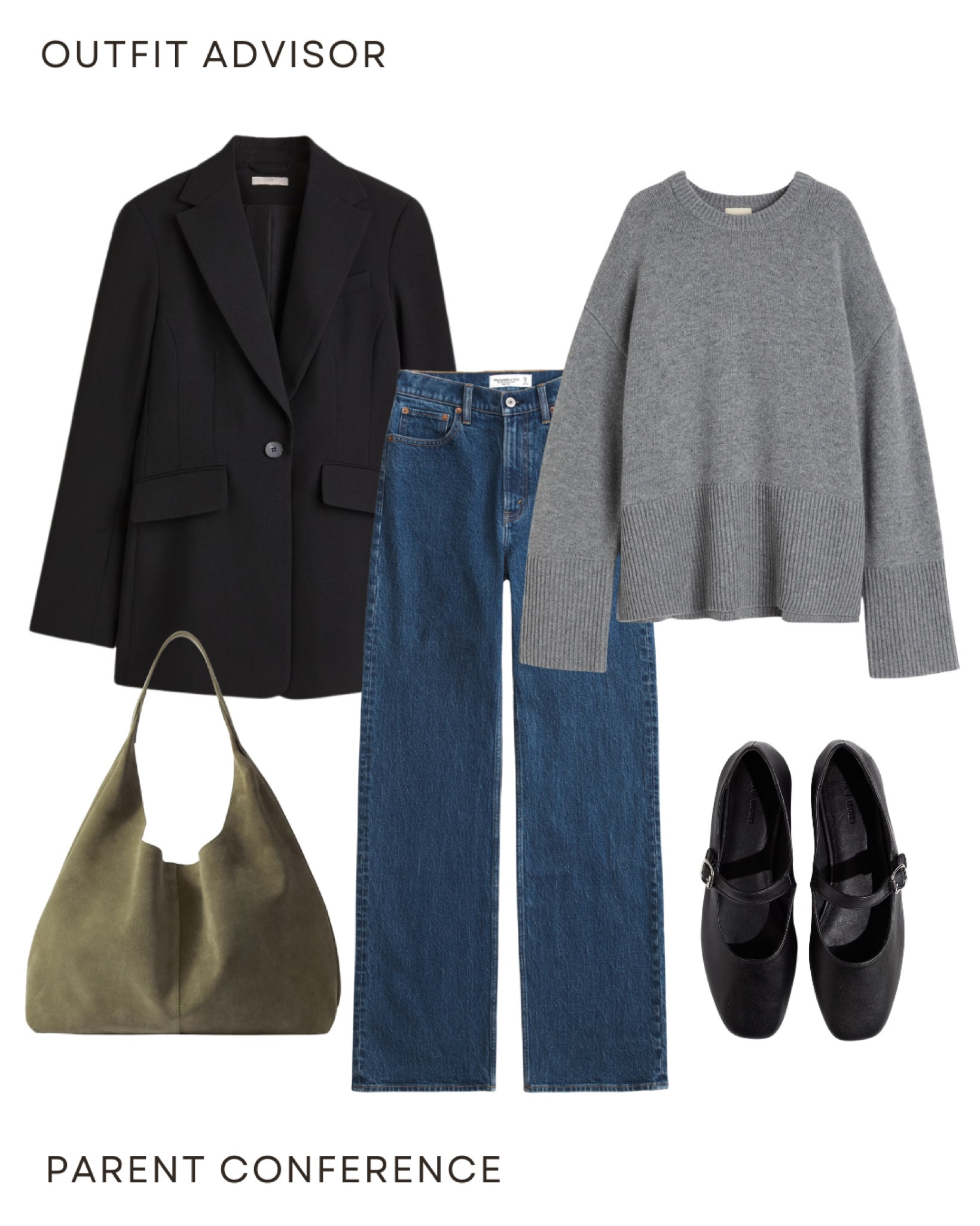 Casual autumn outfit inspo: a black blazer jacket, grey knit jumper, green suede tote bag, jeans and black flats

#LTKshoes #LTKstyletip #LTKworkwear