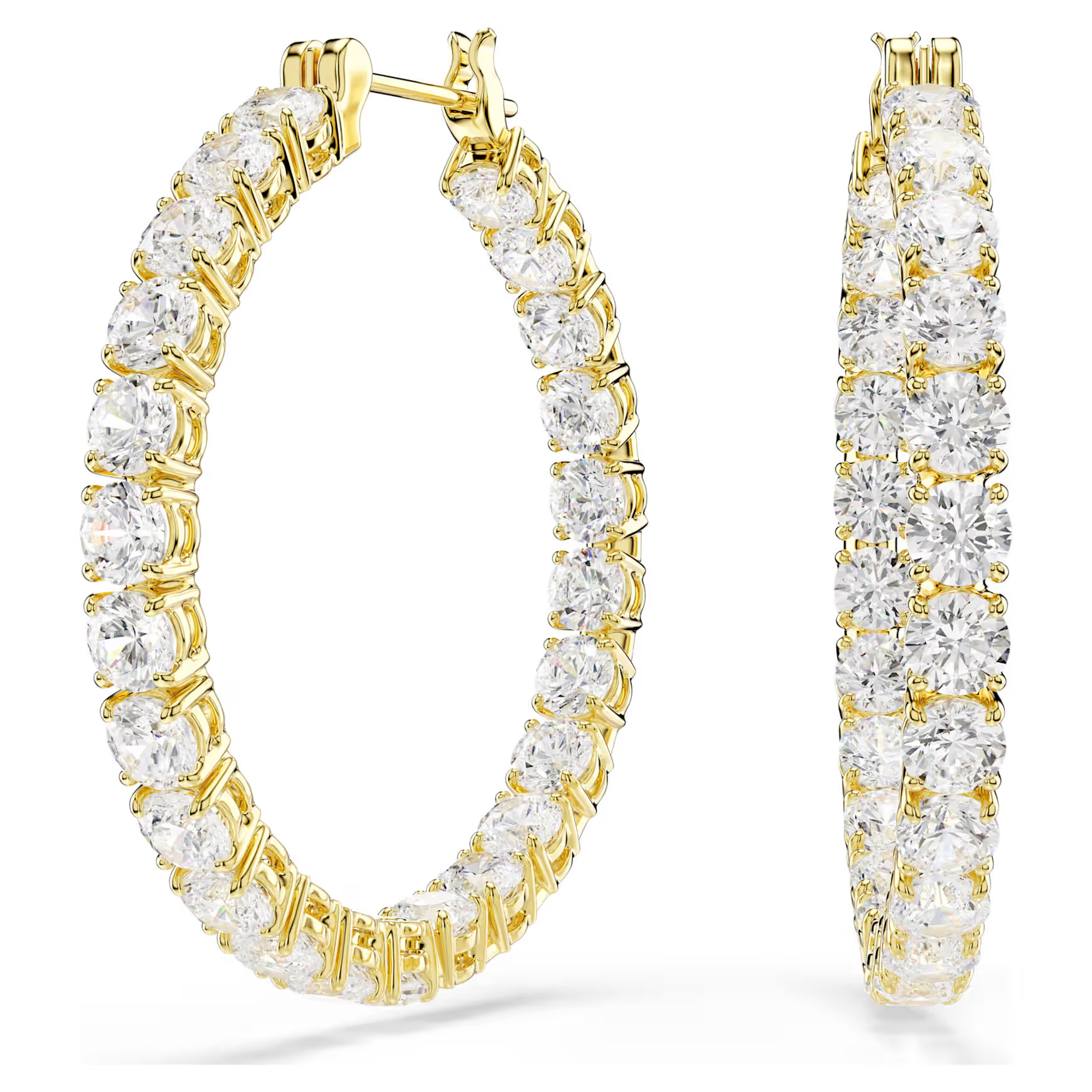 Matrix hoop earrings, Round cut, White, Gold-tone plated by SWAROVSKI | SWAROVSKI