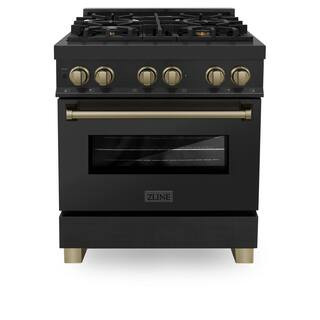 Autograph Edition 30 in. 4 Burner Dual Fuel Range in Black Stainless Steel and Champagne Bronze | The Home Depot