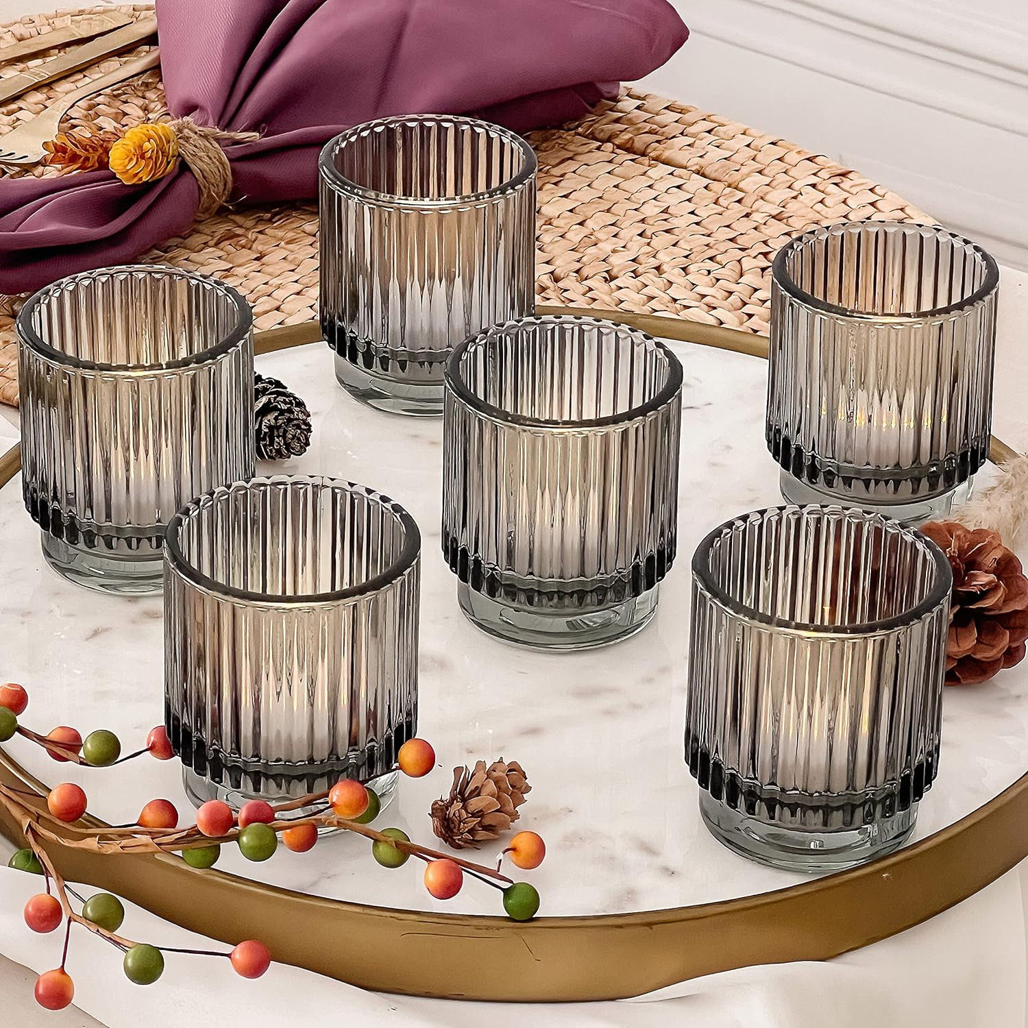 Smoke Gray Vintage Ribbed Glass Tealight Votive Candle Holders by Kate Aspen (Set of 6), Fall Dec... | Amazon (US)