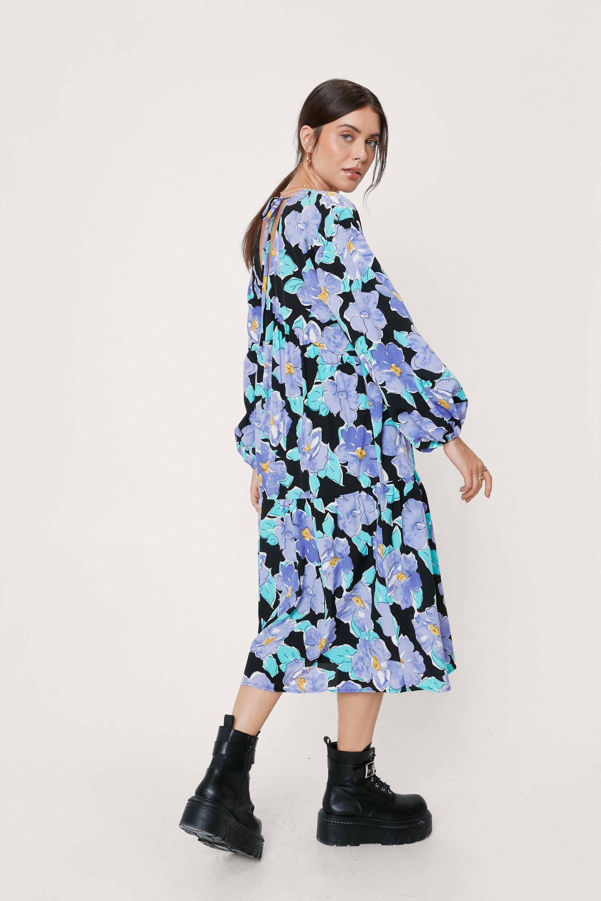 Floral Long Sleeve Tiered Midi Dress | NastyGal (UK, IE)