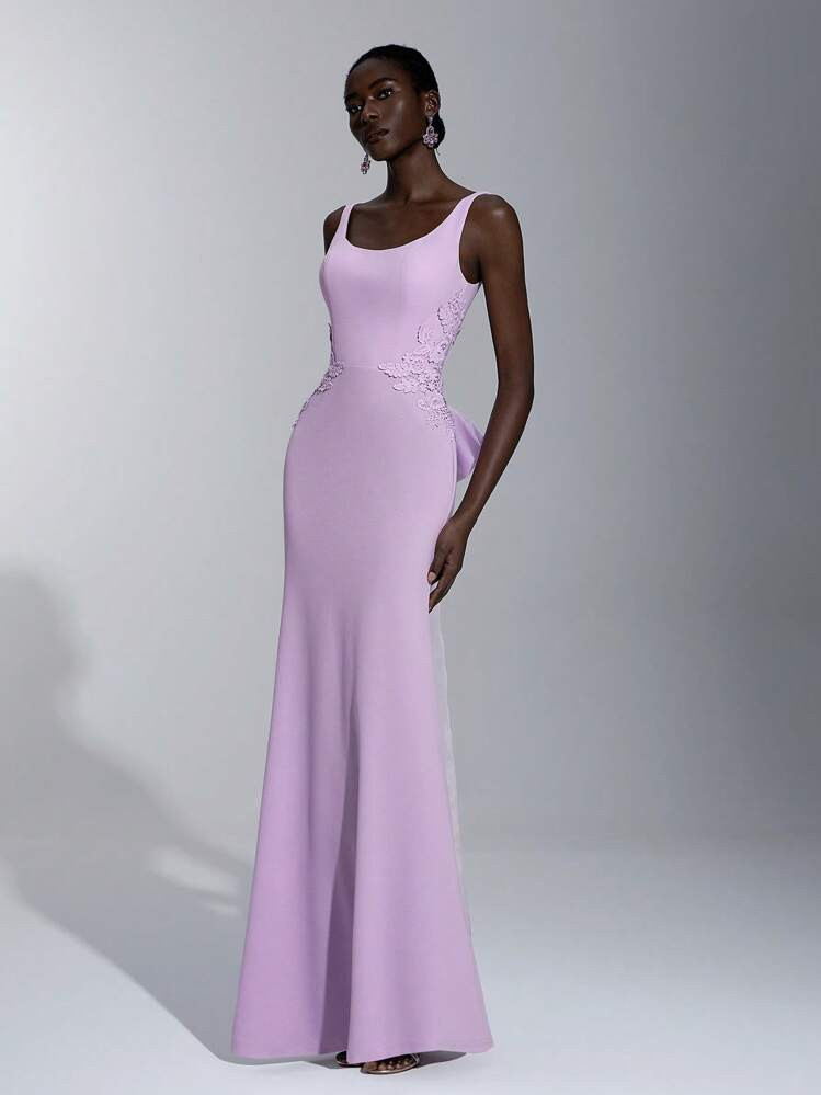 Elitara Elegant, Romantic, Dignified, Light Purple, Knit Stretch Fabric, Sleeveless, Spaghetti Strap, Open Back, Applique, Bow, Fishtail, Birthday Party, Wedding Party, Bridesmaid Dress | SHEIN