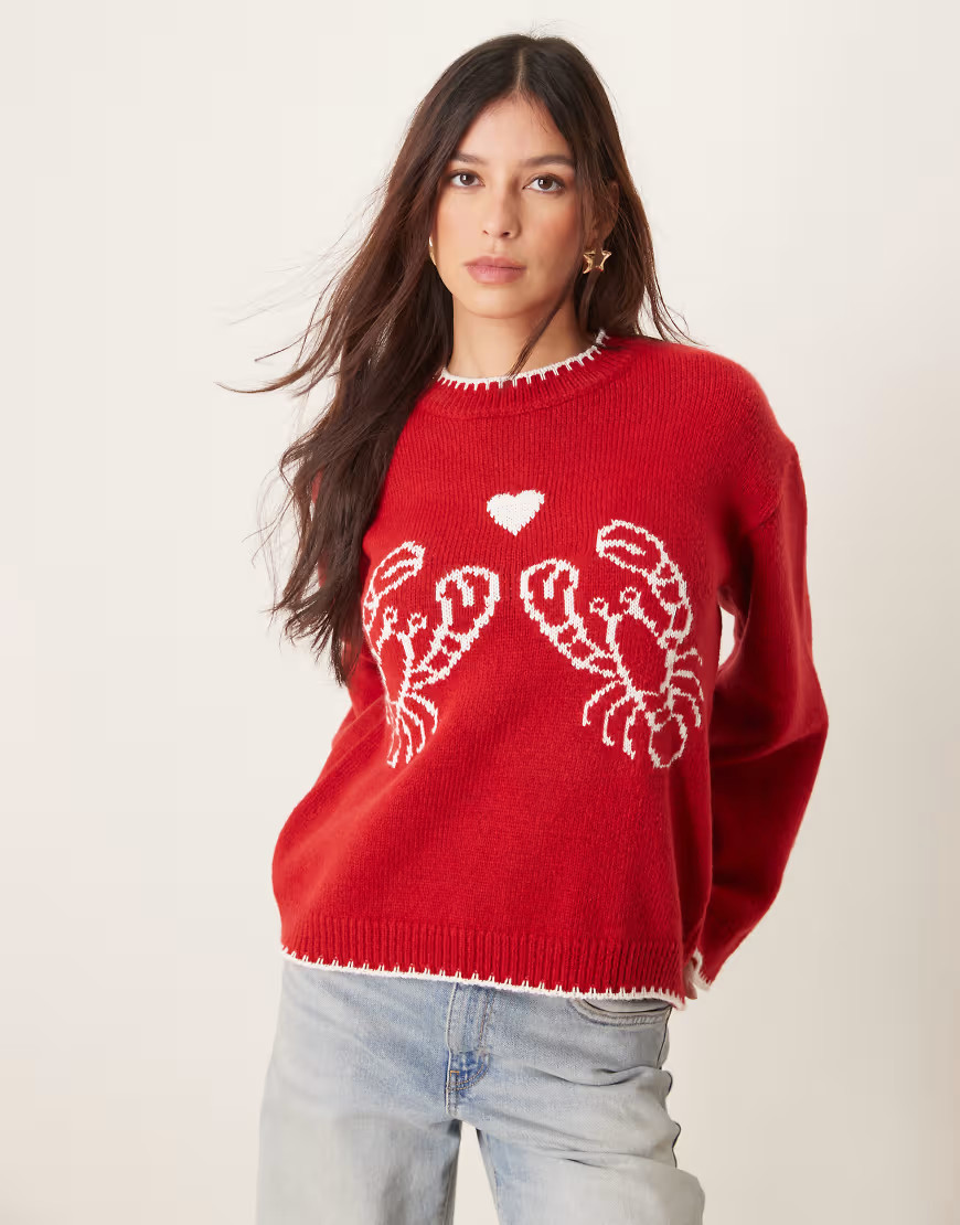 ASOS DESIGN knit lobster sweater with blanket stitch in red | ASOS (Global)