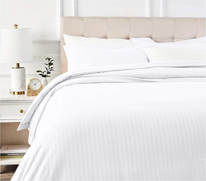 Amazon Basics Striped Microfiber Duvet Cover Set - Full or Queen, Bright White | Amazon (US)