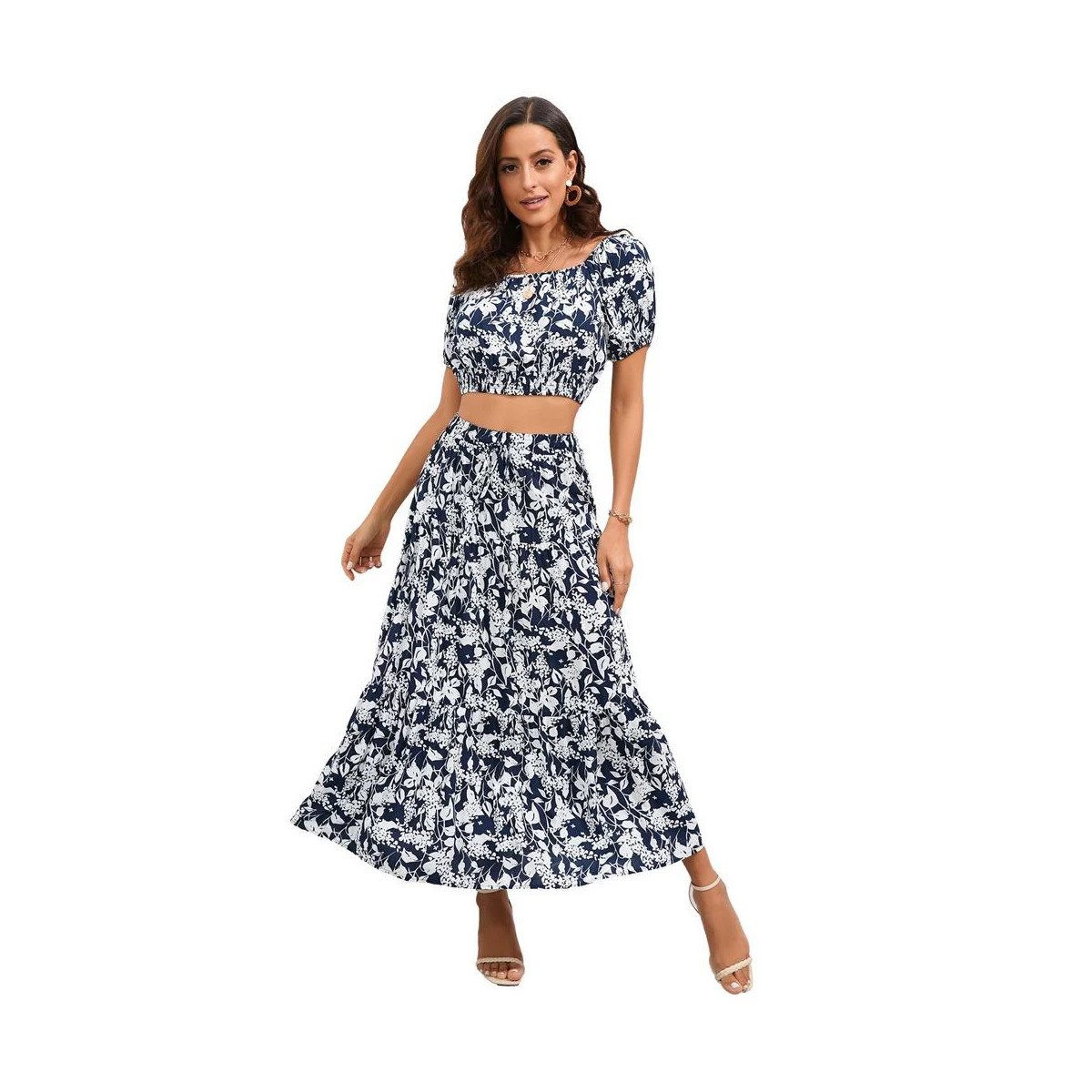 Womens 2 Piece Outfits Summer Floral Skirts Sets Puff Sleeve Elastic Neckline Cropped Tops with D... | Target