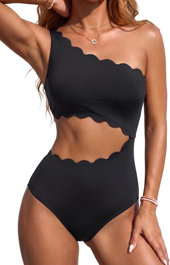 Women's One Piece Swimsuit- One Shoulder Cutout Tummy Control Bathing Suit | Wide Strap, Removabl... | Amazon (US)
