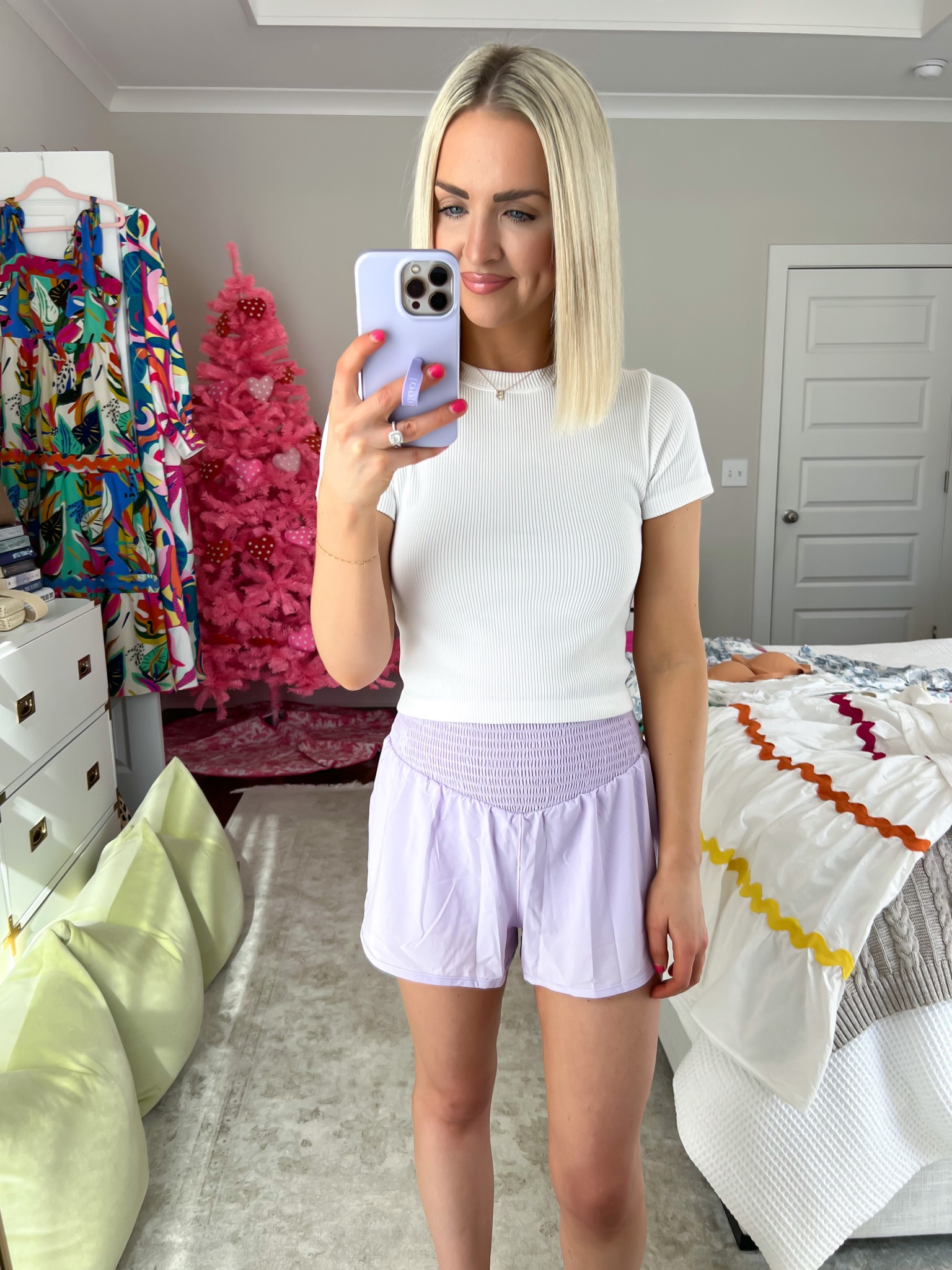White seamless baby tee / white baby tee / ribbed tee / lavender shorts
Top: SM
Shorts: XS 

#LTKSeasonal #LTKunder50 #LTKstyletip