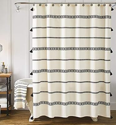 YoKii Tassel Fabric Shower Curtain, Black and Cream Stripe Print Boho Polyester Bath Curtain Set ... | Amazon (US)