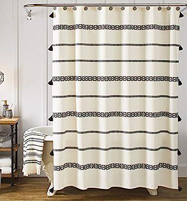 YoKii Tassel Fabric Shower Curtain, Black and Cream Stripe Print Boho Polyester Bath Curtain Set ... | Amazon (US)