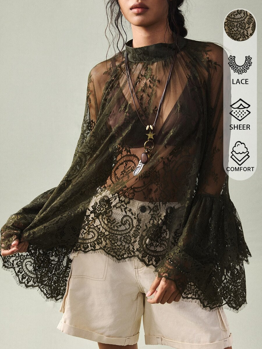 SoleilVie Women's Mandarin Collar Raglan Sleeve Elegant Lace Blouse,Olive Green Sheer Boho Top For Autumn Date,Bohemian Chic Dark Green Lace Shirts Clothing | SHEIN