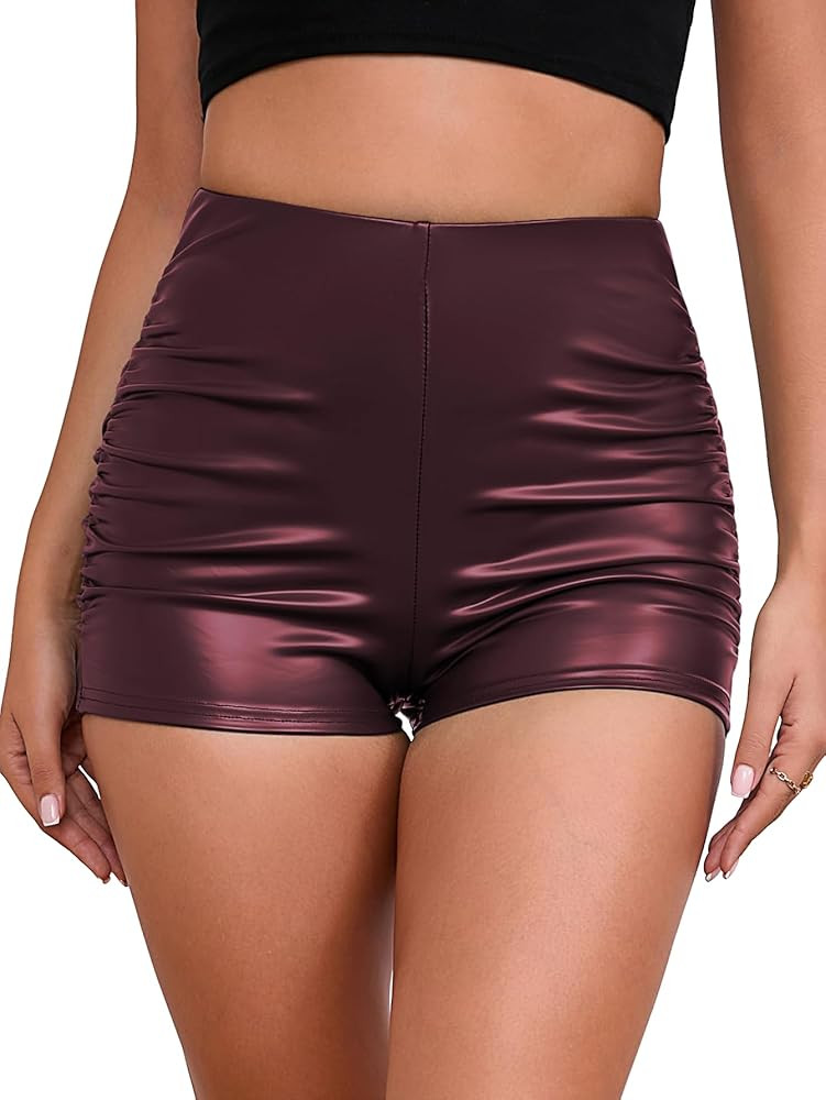Faux Leather Shorts for Women Ruched Mini Short High Waist Sexy Rave | Amazon (US)