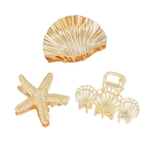 3 Pack Shell Starfish Hair Clips, Gold Metal Summer Beach Hair Claw Clips, Large Openwork Shell & Starfish Hair Accessories for Women | Amazon (US)