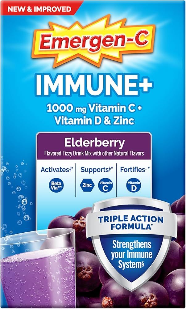 Emergen-C Immune+ Vitamin C 1000mg (18 Count, Elderberry) Dietary Supplement Fizzy Drink Mix Powd... | Amazon (US)