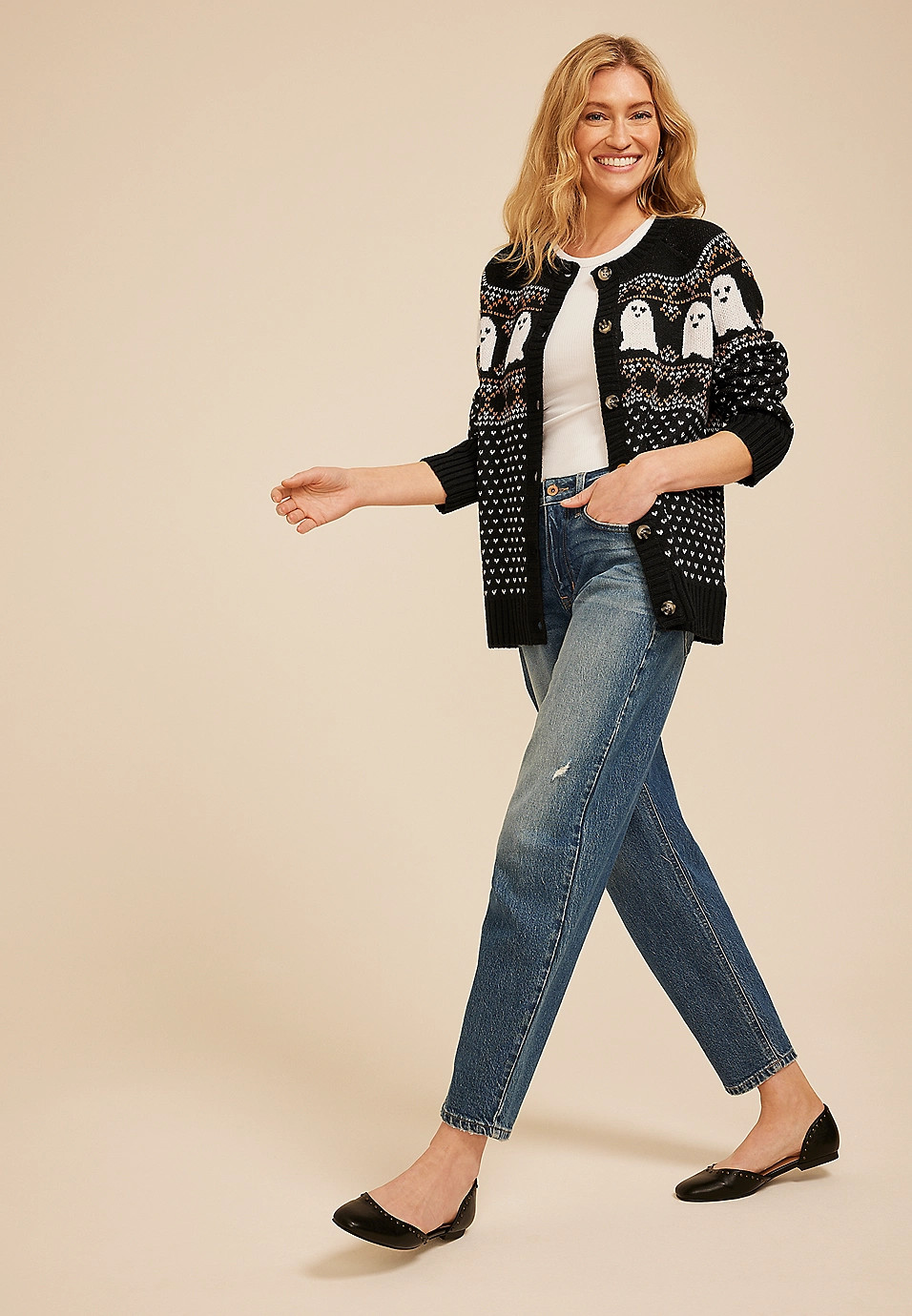 Halloween Ghost Button Front Fair Isle Cardigan | Maurices